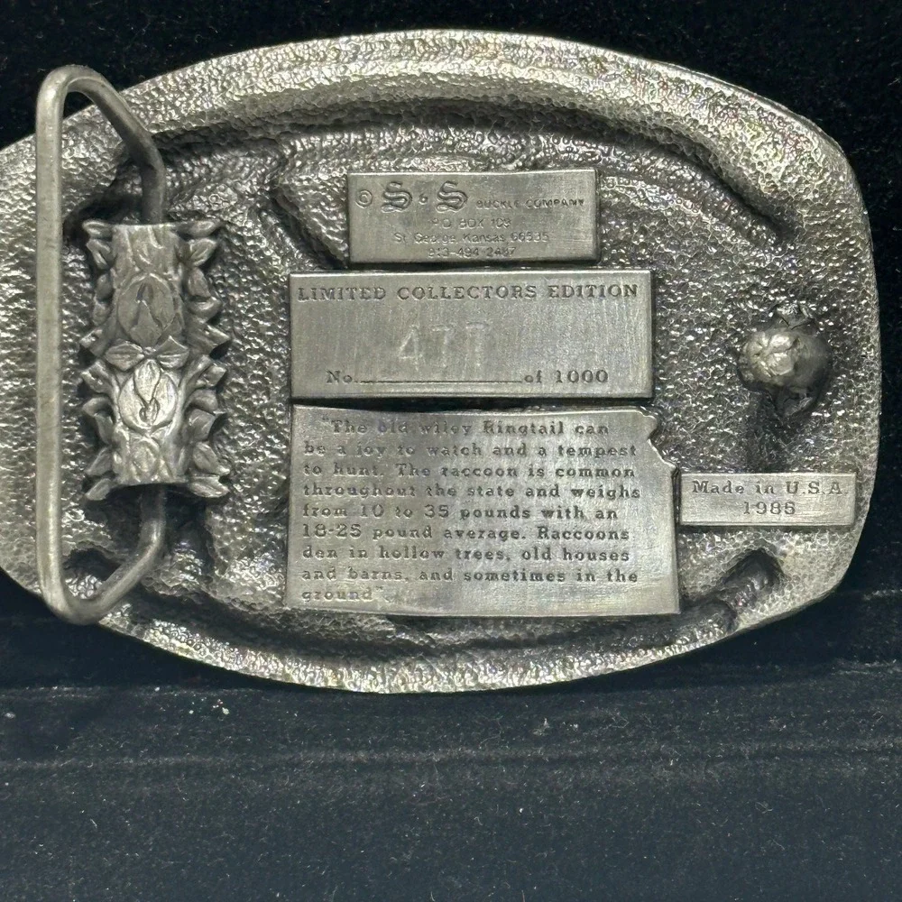 Vintage 1984 Kansas Coon Hunter Raccoon Belt Buckle S&S Limited Edition 477/1000